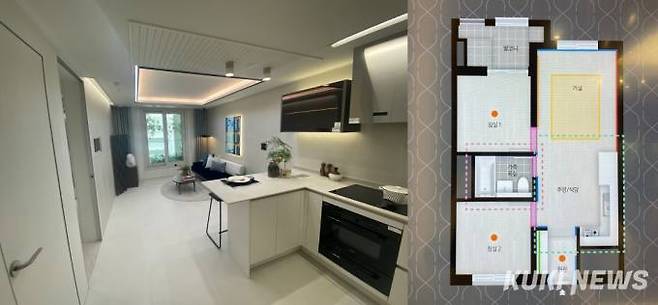 39㎡ 견본주택. 오픈형키친이며 거실과 바로 연결된다. 옆으론 욕실 사이로 방이 두 개가 있다. 송금종 기자