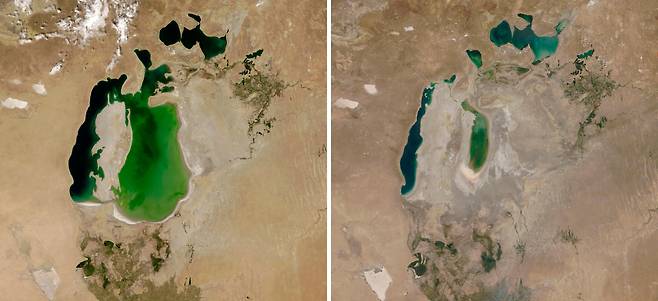 미 항공우주국(NASA)가 2000년 8월 25일(왼쪽)과 2018년 8월 21일(오른쪽) 촬영한 카자흐스탄과 우즈베키스탄 사이의 아랄해. 기후 변화로 인한 기온 상승과 과도한 물 사용으로 1992년부터 2020년까지 전 세계 대형 호수와 저수지의 53%에서 상당한 양의 물이 줄었다는 연구 결과가 나왔다. / AP=연합뉴스