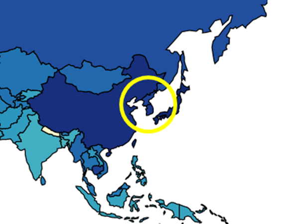 세계 평균 지능지수(IQ)를 시각적으로 표현한 데이터. IQ가 높을수록 색깔이 어둡다. 세계인구리뷰 캡처