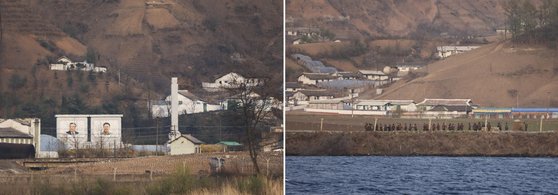 북·중 국경을 가르는 압록강 남쪽 신의주에 김일성, 김정은의 대형 초상화 앞으로 높이 솟은 철조망이 보인다. 지난 2021년 4월 21일 촬영한 사진이다.(사진 왼쪽) 오른쪽 사진은 신의주 인근 북한 주민들이 강변의 철조망 옆으로 지나고 있다. 로이터