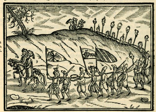 독일의 신학자 살로몬 슈바이거의 1578년 여행 기록에 실린 판화로, 오스만이 유럽 노예들을 끌고 가는 모습이다.
