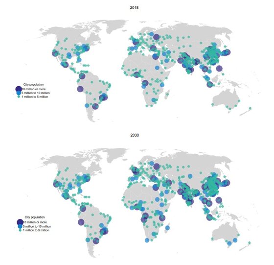 UN 보고서의 2018년과 2030년 도시화 변화. UN