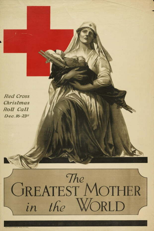 1918년 적십자의 ‘간호사 구하기’ 캠페인 포스터
성모 마리아 이미지의 여성 간호사가 군인 환자를 품에 안고 있다