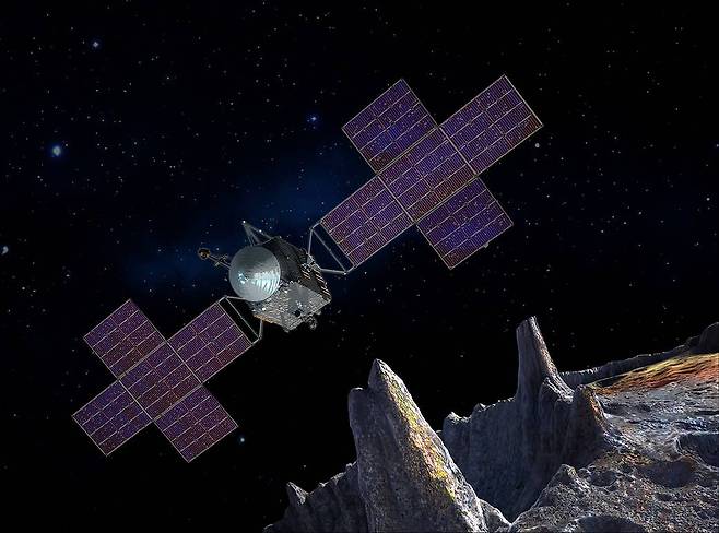 프시케를 탐사할 탐사선이 소행성 궤도에 도달해 태양광 발전판을 모두 편 모습을 상상해서 그린 일러스트레이션./NASA