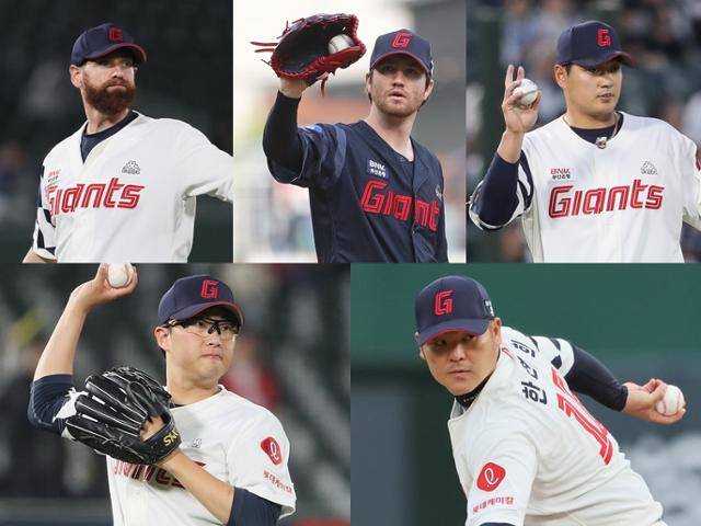 5월 한 달 최고의 기량을 뽐냈던 롯데 선발 투수진. 왼쪽 위부터 시계 방향으로 스트레일리, 반즈, 나균안, 한현희, 박세웅. 롯데 제공