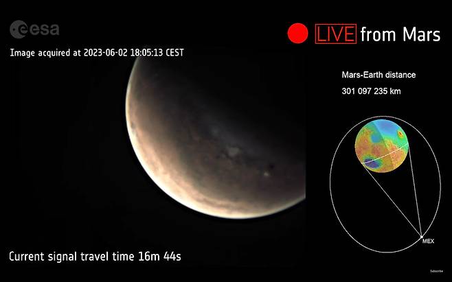 유럽우주국(ESA)이 쏘아 올린 화성 궤도선 ‘마스 익스프레스’가 지난 2일(현지 시각) 유튜브를 통해 화성의 모습을 생중계했다. /유럽우주국(ESA)