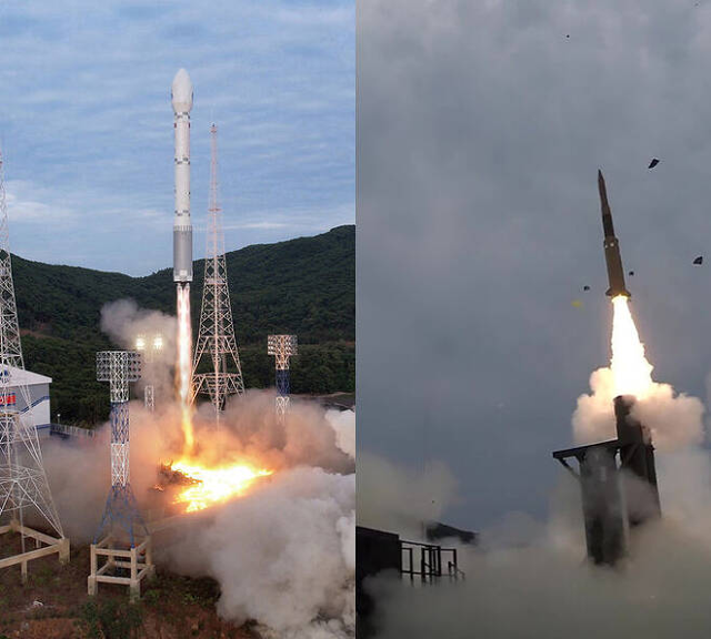 평안북도 동창리 서해위성발사장에서 발사한 우주발사체 천리마-1형의 모습(왼쪽 사진). 군사정찰위성 '만리경-1호'를 실은 로켓 '천리마-1형'의 실패로 끝났다. 오른쪽은 우리나라의 장거리지대공유도무기(L-SAM)가 충남 태안에서 시험발사되는 모습이다. 국방과학연구소(ADD)는 이날 L-SAM이 북한 탄도미사일이라 가정한 표적탄을 공중에서 성공적으로 요격했다고 밝혔다. ⓒ조선중앙통신연합뉴스·국방부