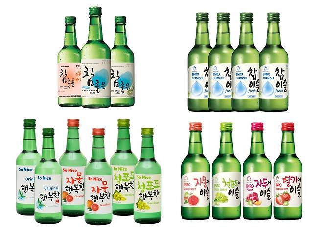 인도네시아 참좋은 소주(왼쪽 위)와 하이트진로 참이슬(오른쪽 위), 태국 행복한 소주(왼쪽 아래)와 하이트진로 자몽에 이슬 등. /각 사