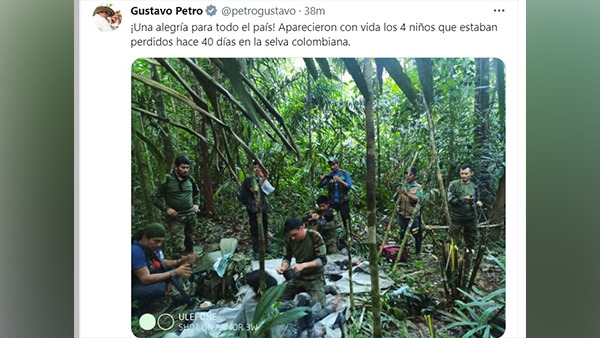 어린이 4명의 구조소식을 알리는 콜롬비아 대통령 트윗 [구스타보 페트로 콜롬비아 대통령 트위터 캡처]