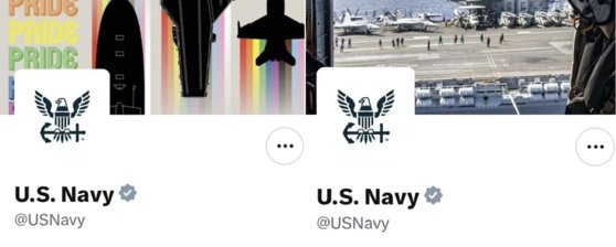 지난 1일 프라이드 먼스 첫날 미국 해군이 소셜미디어(SNS)에 공식 배너로 무지개색이 담긴 사진(왼쪽)을 올렸지만 하루 만에 항공모함 사진으로 교체했다. 사진 트위터 캡처