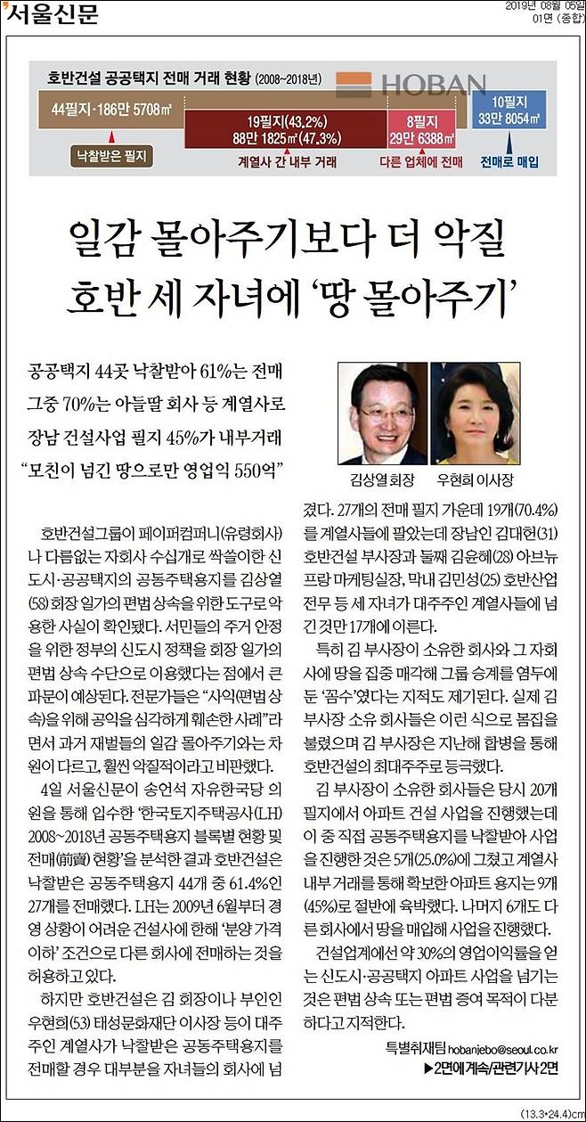 ▲ 서울신문 2019년 8월5일자 1면.