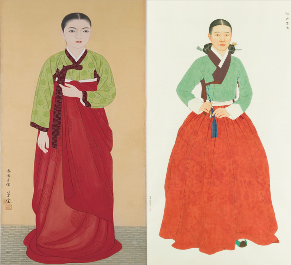 친일 작가 논란으로 철거된 옛 춘향영정(왼쪽)과 새로 걸린 춘향영정(오른쪽).남원시 제공