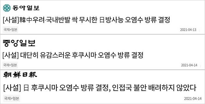 ▲2021년 당시 후쿠시마 오염수 관련 조중동 사설 제목.