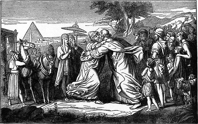 구약 성경 속 요셉이 야곱에게 키스하는 모습. 1897년 성경에 수록된 삽화.