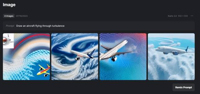 카카오의 생성형 인공지능(AI) '칼로'로 난기류를 뚫고 비행하는 항공기를 그린 모습./사진=칼로 캡처
