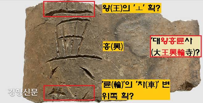 2008년 경주 경주공고 운동장 배수구 공사 중 출토된 명문기와. ‘ 흥(興)’자의 윗글자가 ‘왕(王)’이고, 아랫글자가 ‘륜(輪)’라면 ‘~왕흥륜~’이 된다. 이는 “진흥왕이 신라 최초의 사찰인 흥륜사를 완성시킨 뒤 ‘대왕흥륜사(大王興輪寺)’라는 현판을 내렸다”는 <삼국유사> 구절을 연상시킨다.