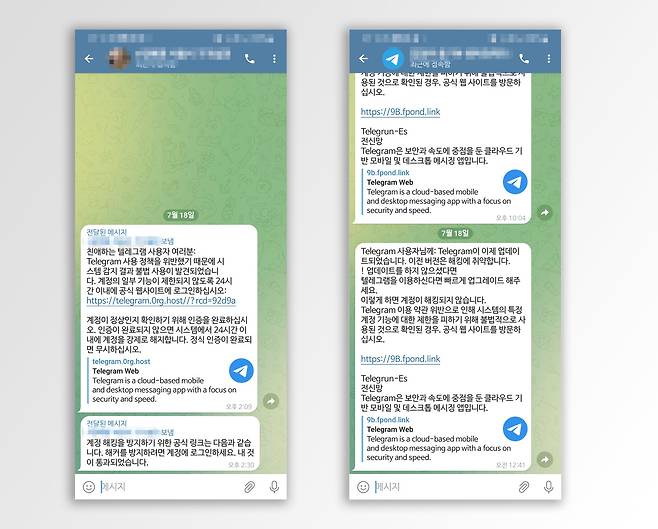 18일 보안업계에 따르면 최근 텔레그램을 통한 피싱 사기가 확산하고 있어 이용자들의 주의가 요구된다. 독자 제공