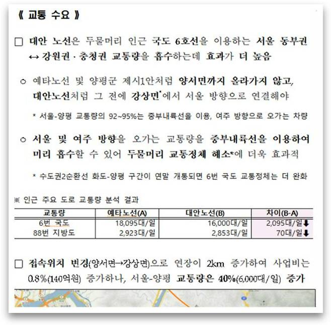 지난 10일 발표된 국토교통부의 서울-양평 고속도로 현안 설명자료. 문서 캡처