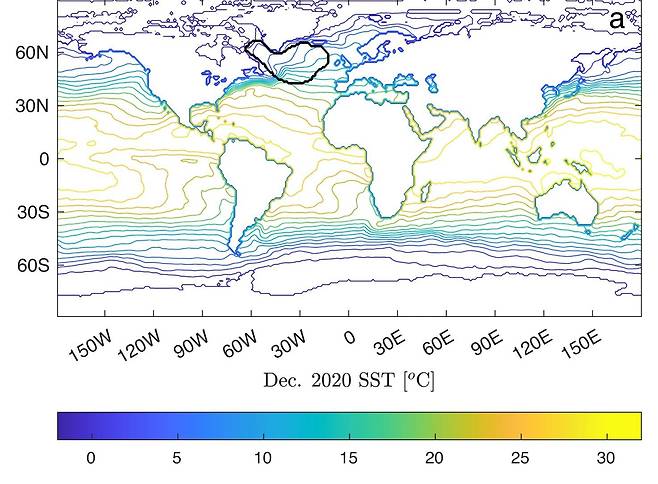 덴마크 코펜하겐대 페테르 디틀레우센 교수와 수잔네 디틀레우센 교수연구팀은 논문을 통해 걸프 해류 등을 포함한 AMOC가 빠르면 2025년부터 완전히 중단될 수 있을 것으로 예측했다. 사진은 연구팀이 관측한 전세계 해수면의 온도./Peter Ditlevsen