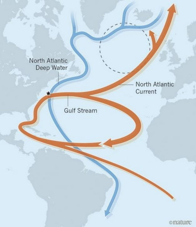 대서양자오선역전해류(AMOC)는 카리브해 쪽 열대지방의 따뜻한 물이 북미 연안을 거쳐 북극 방면에 도달해 차가워진 뒤 다시 적도 인근으로 되돌아오는 해류 순환 현상을 말한다.  /네이처