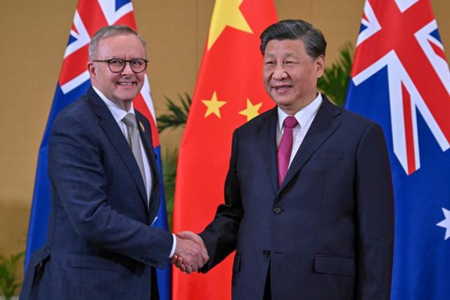지난해 11월 시진핑(오른쪽) 중국 국가주석과 앤서니 앨버니지 호주 총리가 인도네시아에서 열린 주요 20개국(G20) 정상회의를 계기로 6년 만에 정상회담을 하는 모습. AP 연합뉴스