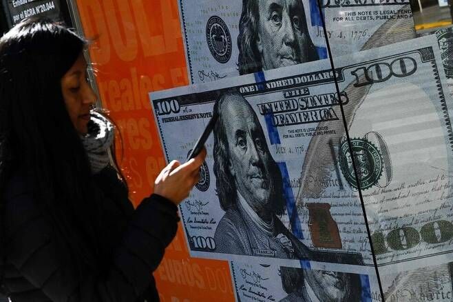 아르헨티나 수도 부에노스아이레스 거리에서 여성 한명이 100달러짜리 지폐 모양이 그려진 벽화 앞을 지나가고 있다. [이미지출처=연합뉴스]