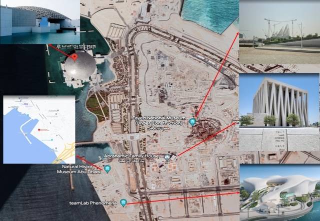 아부다비 북쪽 페르시아만 해변가에 조성되는 문화예술지구 사디얏섬 지도. 루브르아부다비박물관 등 세계적 박물관과 미술관 8곳이 들어서며 15만명 거주가 목표다. 구글맵 캡처