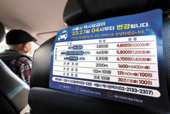 지난 2월 서울 중형택시 기본요금이 3천800원에서 4천800원으로 올랐다. 서울역 인근에서 손님을 기다리는 택시에 붙은 요금인상 안내문. 연합뉴스