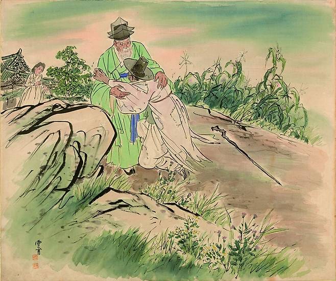 운보 김기창 화백의 '예수의 생애' 연작 중 '탕자 돌아오다'. 주변의 풀까지 말라붙은 모습을 통해 노심초사한 부모의 심정을 그렸다. /쿰란출판사