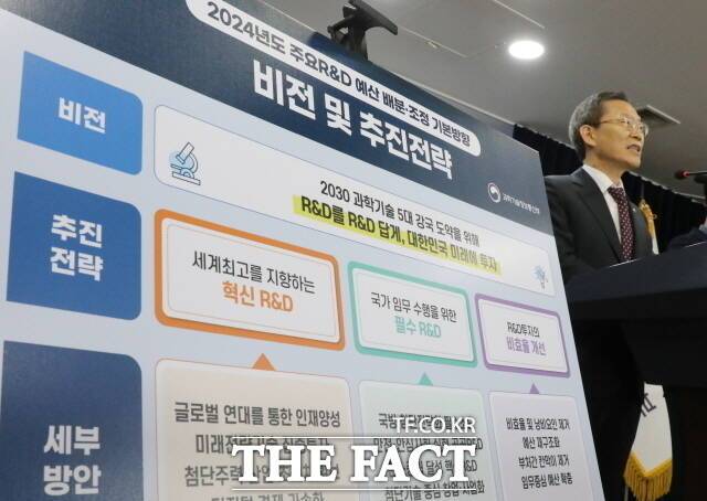 과학계에선 특히 지속성이 요구되는 기초연구 부문 삭감에 대한 우려가 크다. 이종호 과학기술정보통신부 장관이 지난 8월 22일 서울 종로구 정부서울청사에서 '정부 R&D 제도 혁신 방안'과 '2024년 국가연구개발사업 예산 배분·조정 결과' 브리핑하는 모습. /뉴시스
