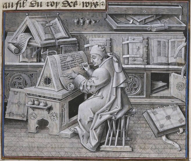 장 미엘로가 그린 중세 시대 스크립토리움(필사실)에서의 필사가의 모습. 위키피디아