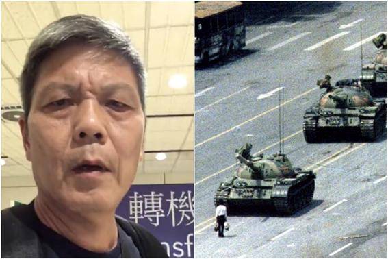 트위터로 대만 도착 소식을 알린 천쓰밍(왼쪽)과 1989년 6월 천안문 광장에 진입한 탱크를 막아선 ‘탱크맨’ (오른쪽)
