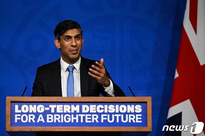 지난달 20일(현지시간) 리시 수낵 영국 총리가 이날 런던 다우닝가 10번지 총리 관저에서 기자회견을 하고 있다. 2023.09.20/ ⓒ 로이터=뉴스1 ⓒ News1 박재하 기자