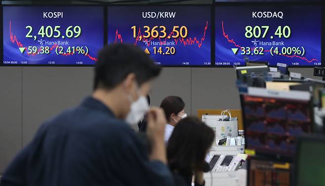 10월 4일 오후 서울 중구 하나은행 본점 딜링룸에서 코스피, 원달러 환율, 코스닥 지수가 표시되고 있다. 이날 미국 국채가 급등하는 모습을 보이면서 아시아 증시가 일제히 하락 출발했다. / 장련성 기자