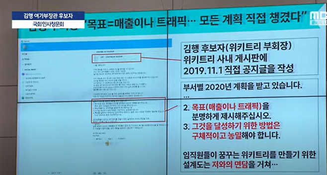 용혜인 기본소득당 의원이 지난 25일 밤 김행 여성가족부 장관 후보자 인사청문회에서 제시한 자료. MBC 보도 화면 캡처