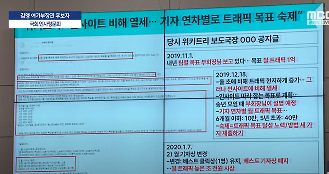 용혜인 기본소득당 의원이 지난 25일 밤 김행 여성가족부 장관 후보자 인사청문회에서 제시한 자료. MBC 보도 화면 캡처