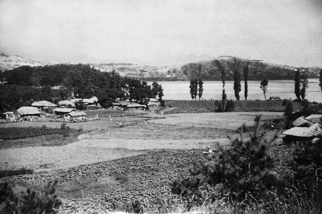 1960년 3월 압구정 양지마을 일대의 논밭과 민가의 모습. [압구정향우회]
