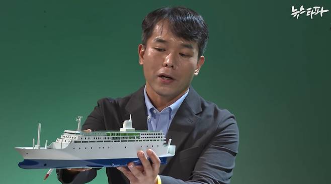 김성수 기자가 세월호 모형을 들고 침몰 원인에 대해 설명하는 모습. 뉴스타파 유튜브 갈무리