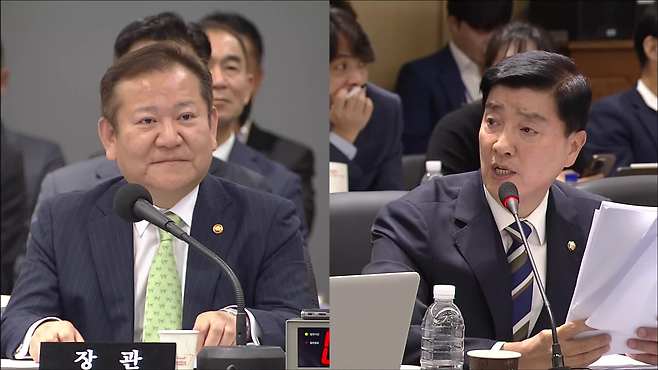 10일 국회 행정안전부 국정감사에서 더불어민주당 이해식 의원(우측)은 이상민 행안부 장관(좌측)을 상대로 KBS가 보도한 전국재해구호협회의 채용비리 의혹 등을 집중 질의했다.