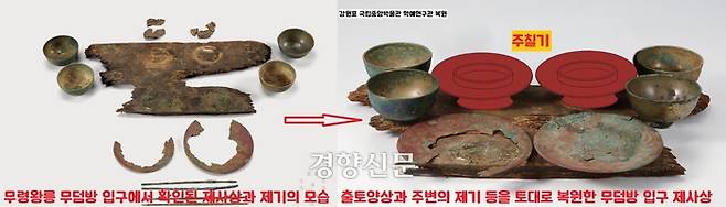 무령왕릉 무덤방 입구 쪽에서 확인된 나무판(제사상)과 나무판 위의 제기 자국을 토대로 복원해본 제사상. 가장 큰 두 점의 그릇은 칠기그릇으로 추정된다.|강원표 국립중앙박물관 학예연구관 제공