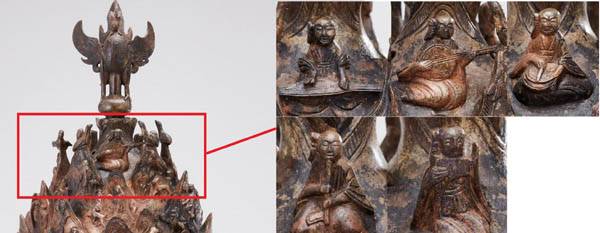 다섯 악사의 헤어스타일이 같다. 머리를 가지런히 빗어 오른쪽으로 틀어 올렸다. 백제 악단의 공식 헤어스타일 같다. 산 정상에서 악기를 연주하는 여성 전문 악단은 독립된 지위를 갖고 있는 주악(연주) 선인의 신분을 과시했다는 견해가 있다. 소현숙 원광대 교수의 견해를 토대로 구성했다.