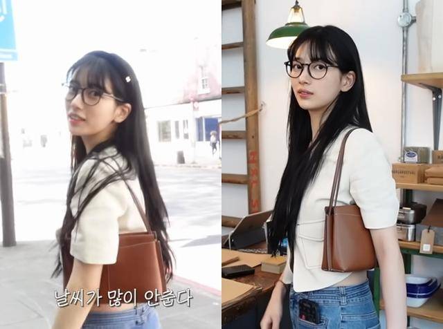 수지는 여행 첫날 라이트 베이지 컬러의 반팔 크롭 재킷과 부츠컷 스타일의 청바지, 미니 사이즈의 토트백으로 심플한 룩을 선보였다. 수지 유튜브 캡처