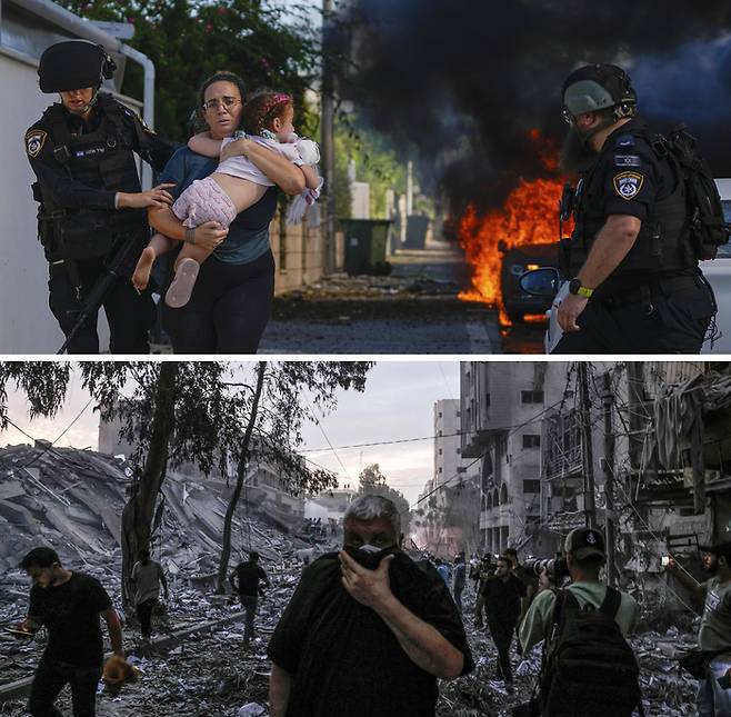이스라엘 경찰이 지난 10월 7일(현지시간) 남부 아시켈론에 팔레스타인 무장정파 하마스가 쏜 로켓이 떨어지자 아이를 안은 여성을 대피시키고 있다(위 사진). 같은날 팔레스타인 가자지구의 가자시티 주민들이 이스라엘의 공습으로 파괴된 건물 잔해 더미 위로 걸어가고 있다. AP·AFP=연합뉴스