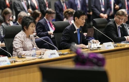 가미카와 요코 일본 외무상이 28일 오사카부에서 개막한 주요 7개국(G7) 무역장관 회의에서 발언하고 있다. /연합뉴스