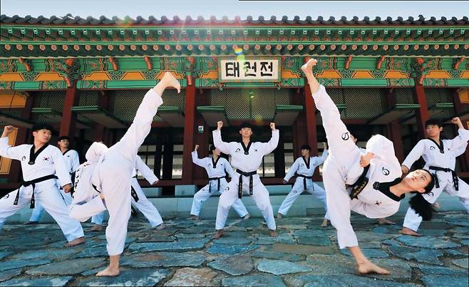 ‘태권도 성지’로 불리는 전북 무주군 설천면 태권도원에서 시범단원들이 절도 있는 발차기와 품새 동작을 선보이고 있다. 태권전은 고단자와 수련생들이 교류하며 태권도 철학과 정신 세계를 전수하는 공간. 무주군은 태권도원 인근에 ‘국제 태권도 사관학교’를 설립하는 사업을 추진하고 있다. /김영근 기자