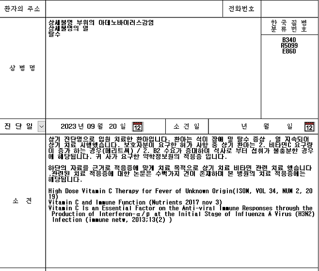 아동병원 원장 A씨가 보여준 비타민 수액 처방 의사 소견서. A씨는 비타민 수액이 치료에 필요하다는 근거에 대해 설명했지만 보험사로부터 실비 청구를 거절 당했다고 전했다. 독자 제공