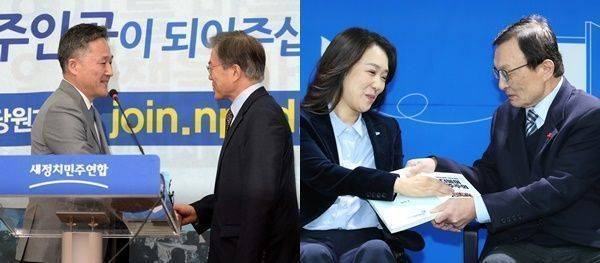 (왼쪽)2015년 12월 27일 당시 표창원 범죄과학연구소 소장과 문재인 새정치민주연합 대표. (오른쪽) 2019년 12월 26일 이해찬 더불어민주당 대표와 최혜영 강동대 교수 ⓒ뉴시스