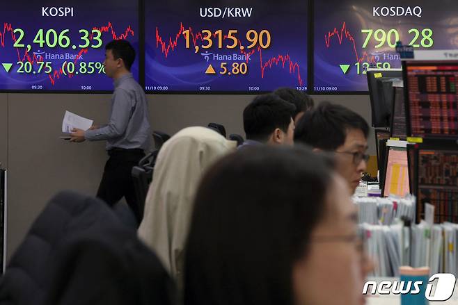 서울 중구 명동 하나은행 딜링룸 전광판. 2023.11.10/뉴스1 ⓒ News1 박정호 기자
