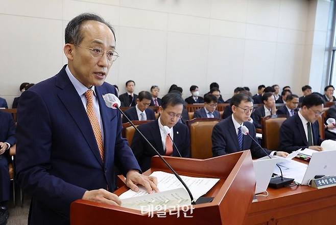 추경호 경제부총리 겸 기획재정부 장관이 7일 오전 서울 여의도 국회에서 열린 기획재정위원회 전체회의에서 예산안 관련 보고를 하고 있다. ⓒ뉴시스