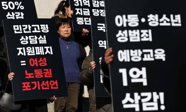 여성·시민단체 관계자들이 지난 21일 서울 여의도 국회 본청 앞 계단에서 열린 기자회견에서 각종 약자 지원 사업 예산 삭감 반대 손팻말을 들고 있다. 뉴스1